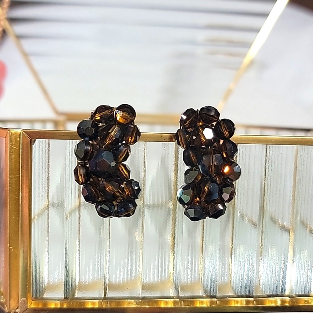 Vintage Amber Topaz Color Crystal Beaded Cluster Climber Clip On Earrings